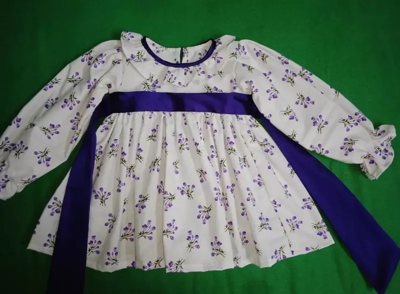 Handmade Floral Kids Dress with Satin Waist Ribbon